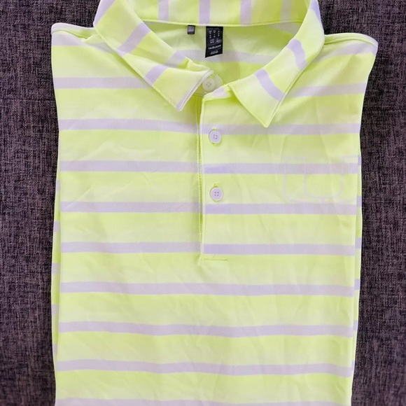 Miami Hurricanes Adidas Striped Logo Golf Polo Shirt Sz M Neon Grn Light Purple - Picture 10 of 11